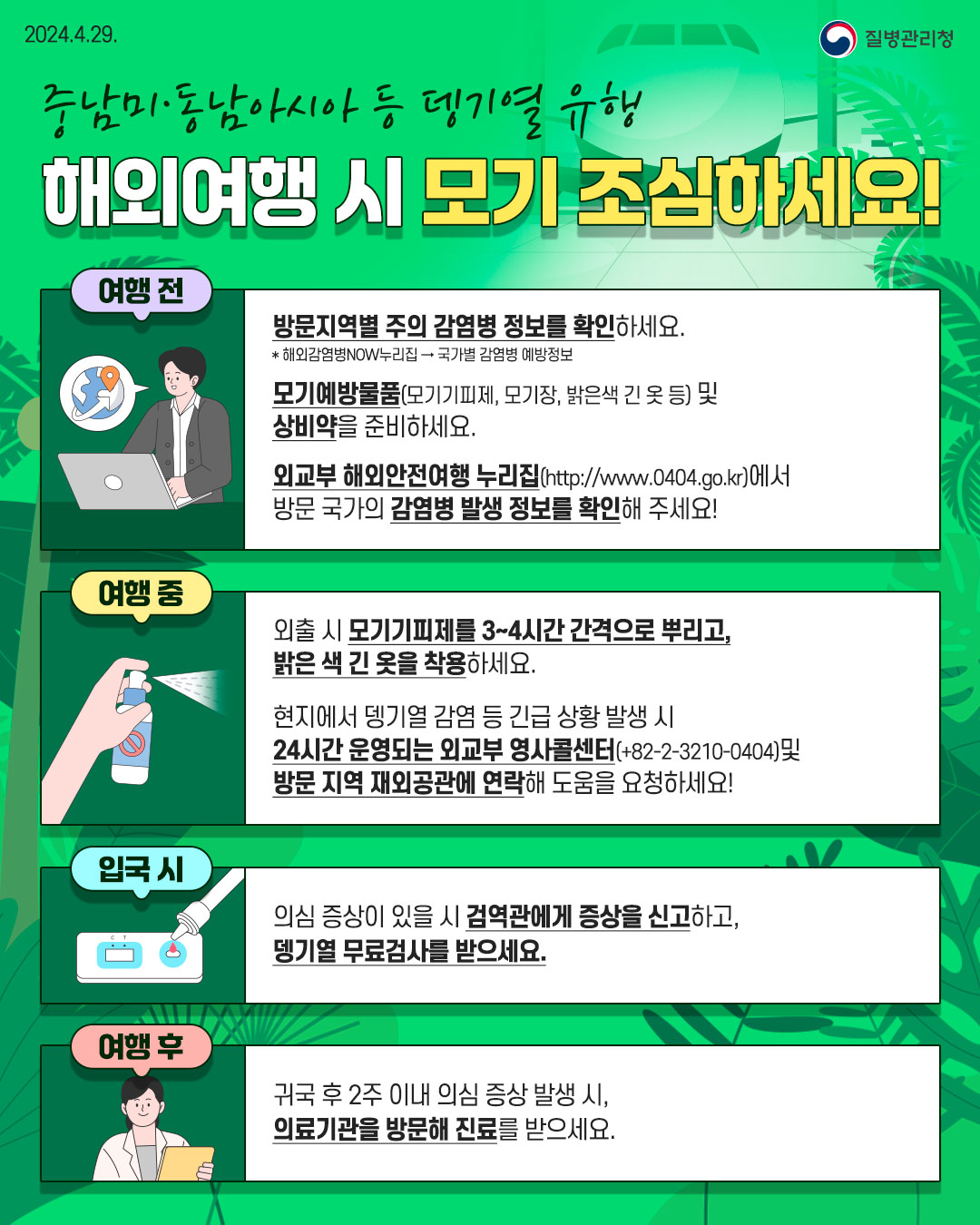 중남미 동남아시아 등 뎅기열 유행 해외여행 시 모기 조심하세요! 여행전 방문지역별 주의 감염병 정보를 확인하세요. 해외감염병NOW누리집 - 국가별 감염병 예방정보 모기 예방물품(모기기피제, 모기장, 밝은색 긴 옷 등) 및 상비약을 준비하세요 외교부 해외안전여행 누리집(http://www.0404.go.kr)에서 방문 국가의 감염병 발생 정보를 확인해 주세요! 여행 중 외출 시 모기기피제를 3~4시간 간격으로 뿌리고, 밝은색 긴 옷을 착용하세요. 현지에서 뎅기열 감염 등 긴급 상황 발생 시 24시간 운영되는 외교부 영사콜센터(+82-2-3210-0404) 및 방문 지역 재외공관에 연락해 도움을 요청하세요! 입국 시 의심 증상이 있을 시 검역관에게 증상을 신고하고, 뎅기열 무료검사를 받으세요. 여행 후 귀국 후 2주 이내 의심 증상 발생 시, 의료기관을 방문해 진료를 받으세요.