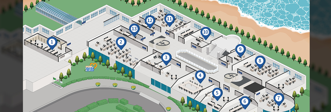 본청2층 배치도이며 1번 다온카페 2번 자치행정과 3번 시장실 4번 상황실 5번 부시장실 6번 영상회의실 7번 문화교육과 8번 기획감사실 9번 문화관광해양국장실 10번 미래전략국장실 11번 홍보미디어실 12번 경제도시국장실 13번 행정지원국장실