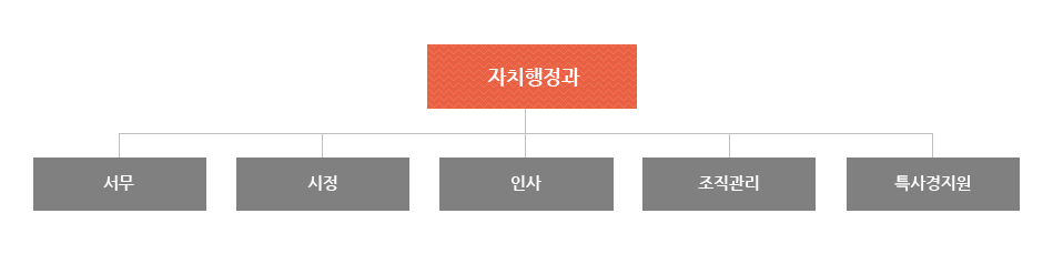 자치행정과는 서무, 시정, 인사, 조직관리, 특사경지원으로 조직되어져 있습니다.