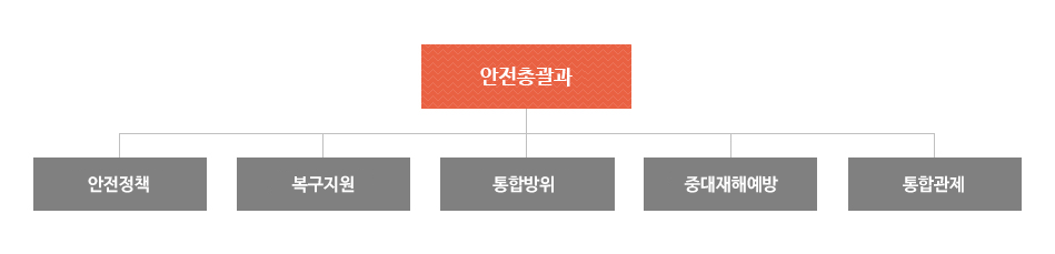 안전총괄과는 안전정책, 복구지원, 통합방위, 중대재해예방, 통합관제로 조직되어져 있습니다.