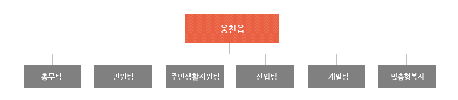 웅천읍은 총무팀, 민원팀, 주민생활지원팀, 산업팀, 개발팀, 맞춤형복지팀으로 조직되어져 있습니다.